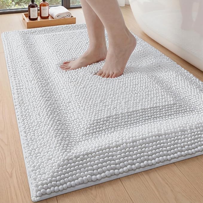 DEXI Bath Mats for Bathroom 43x24, Non Slip Washable Bathroom Rug, Thick Soft Chenille Absorbent Bathmat for Shower Floor, Fluffy Shaggy Carpet for Tub, White