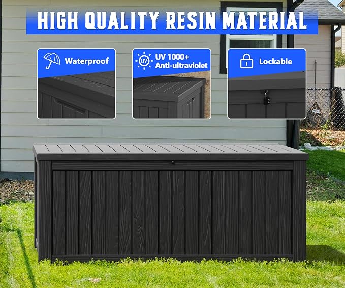150 Gal Deck Box,Outdoor Storage Box Waterproof Lockable,Gas Lift,Black | Large Resin Deck Box, UV-resistant all-weather, lockable storage for patio furniture, garden tools, pool accessories, black