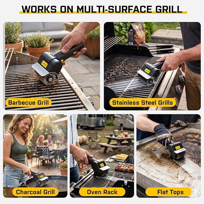 SOARFLY Electric Grill Brush for Outdoor, Cordless Grill Cleaner Brush with 600RPM Motor & 2 Safety Locks, 304 Stainless Steel Brush Head, Lightweight Portable, Grill Cleaning Tools for Barbecue Grate