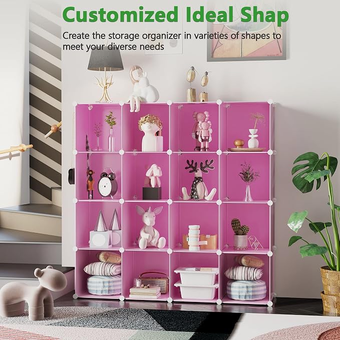 C&AHOME 16 Cube Storage Organizer Cube Shelves Units Storage Cubes, Pink | Plastic DIY Closet Organizer, Stackble Modular Closet Storage Shelves Ideal for Home, Bedroom, 48.4" L × 12.4" W × 48.4" H