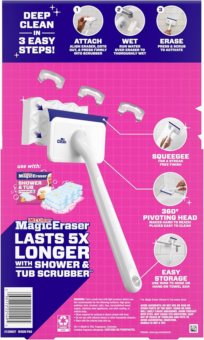 Mr. Clean Magic Eraser Shower & Tub Scrubber, Bathroom Cleaner, All in One Bathroom Cleaner, Lemon Starter Kit, 1 Scrubber & 2 Foaming Magic Erasers (Pack of 8)