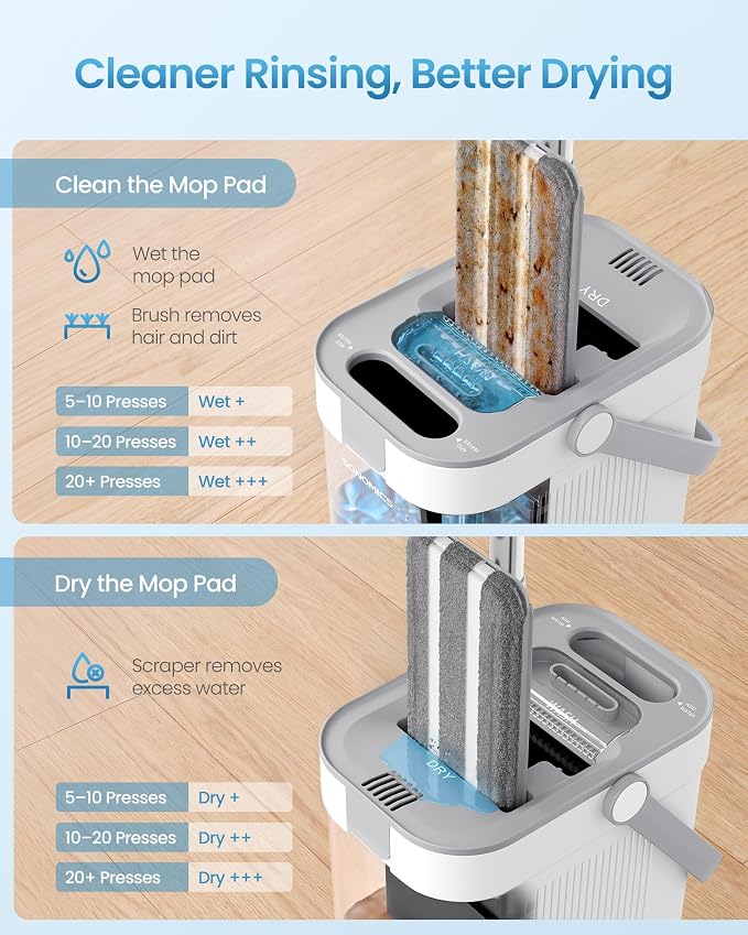 SONGMICS Mop and Bucket Set, Flat Mop with 3-Chamber Clean & Dirty Water Separation System, Wringer Bucket, 360° Rotating Head, 4 Microfiber Pads, White and Gray ULMB001WT04