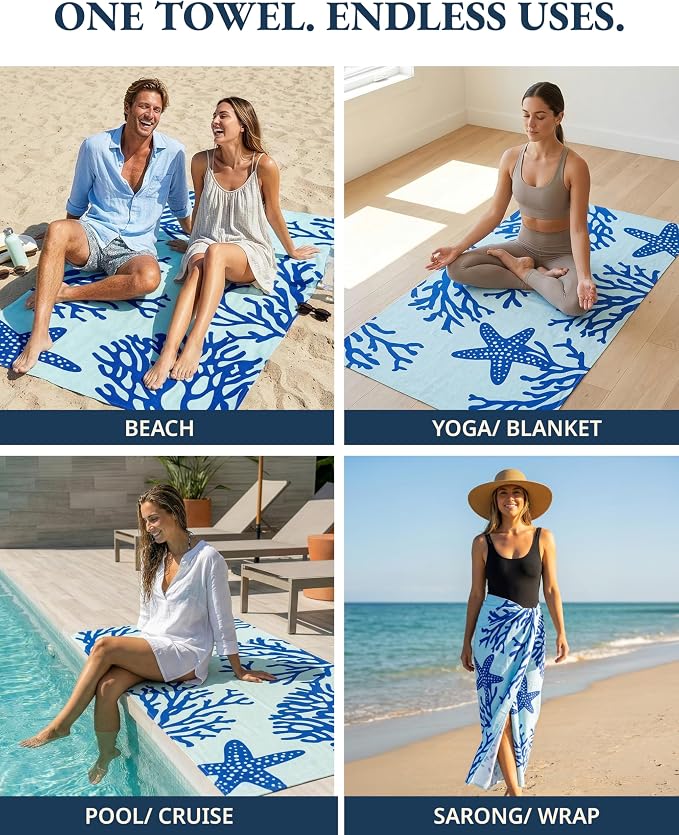 LANE LINEN Beach Towel 2 Pack, Super Absorbent, Pre-Washed - Turtle & Coral | Oversized Beach Towel 39"x71" - Lightweight Beach Essentials for Women - Large Pool Towel, Absorbent & Quick Dry, Pre-Washed