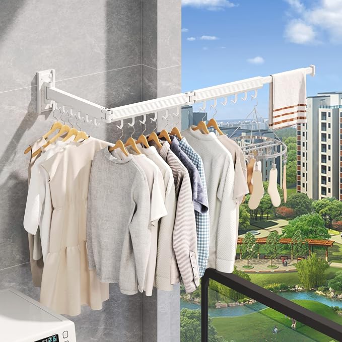 Wall Mounted Tri-Fold Clothes Drying Rack, Heavy Duty Collapsible Laundry Drying Rack, Space-Saving Retractable Foldable Drying Rack Clothes for Laundry Room Balcony Bathroom,White-Hooks