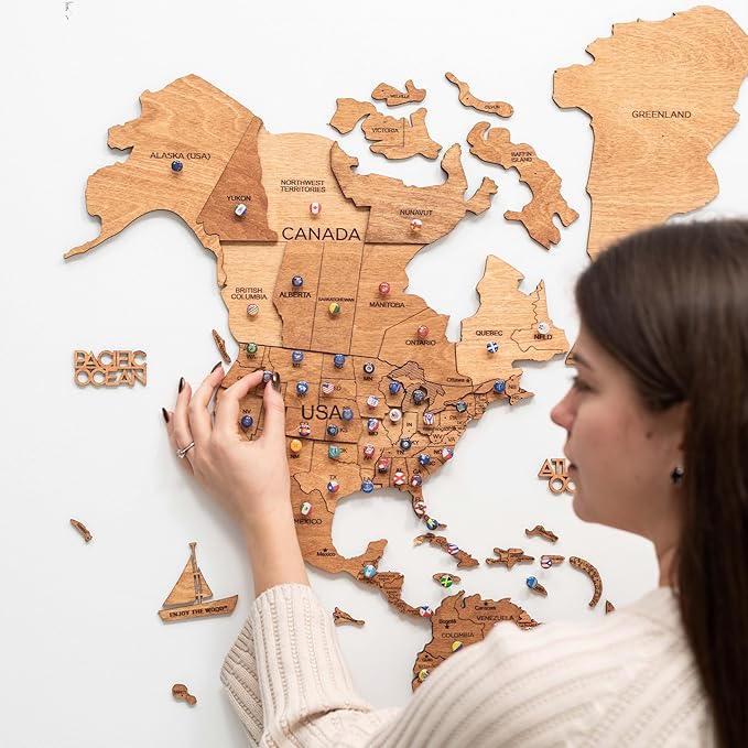 ENJOY THE WOOD 3D Wood World Map Wall Art Large Wall Décor - World Travel Map - Any Occasion Gift Idea - Wall Art for Home & Kitchen or Office (Large, Oak)