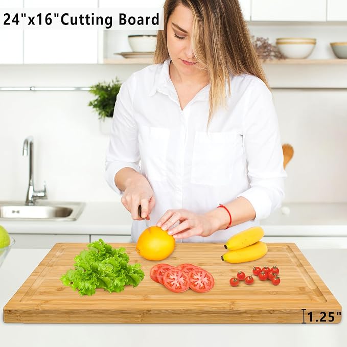 Utoplike Extra Large XXXL Bamboo Cutting Board 24 x16in, Wood Butcher Block | Chopping Boards with Handle & Juice Groove, Charcuterie Tray for Turkey, Meat, Vegetables, BBQ, Over the Sink Thick 1.25"