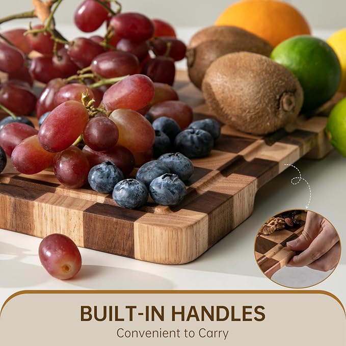 Checkered Cutting Board, Wooden Cutting Boards for Kitchen | Acacia Wood Cutting Board with Handle & Juice Grooves, Small Charcuterie Boards with Gift Box, 14" X 11" X 0.8"