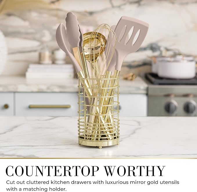 7-Piece Beige & Gold Kitchen Utensils Set – Non-Toxic Silicone & Stainless Steel Tools for Cooking, Serving, & Hosting – Ideal for Nonstick Cookware & Modern Kitchens, with Gold Utensil Holder