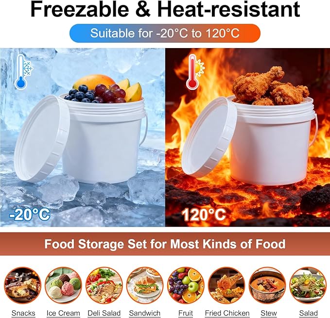 6 Pack 1 Gallon Plastic Buckets with Screw Lids & Handle, Food Grade Storage Containers for Kitchen, Freezer - Reusable White Plastic Bucket Set (White, 6pack 1Gal)