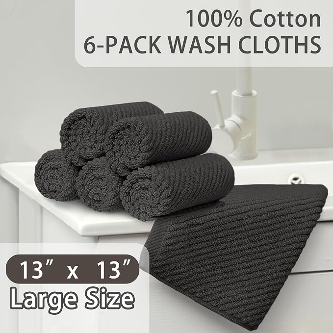VOOVA & MOVAS Washcloths 6PC, 100% Cotton, 13x13 in, Dark Gray | Thick, Quick Dry, Wash Cloths For Showering, Bathroom Gift Set, Perfect For Home, Spa, Housewarming Gift
