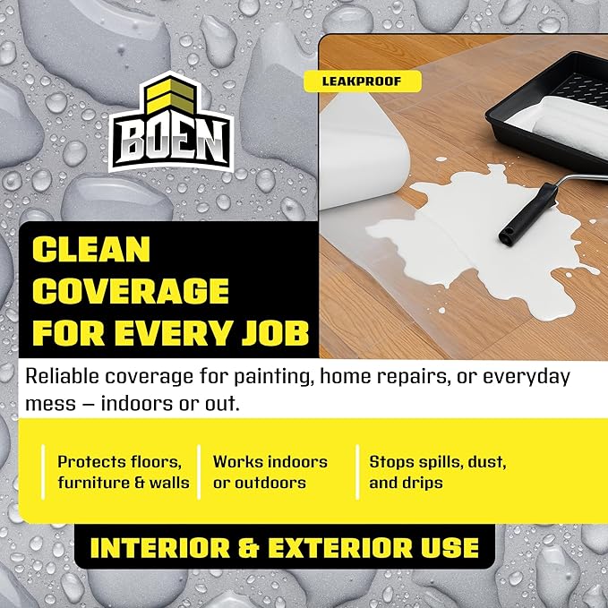 BOEN 9x12 Clear Plastic Drop Cloth – 24-Pack 1 Mil Painters Plastic Sheeting Roll – Waterproof Disposable Tarp for Painting, Furniture, Dust Protection & Window Insulation – Contractor-Grade Bulk Case
