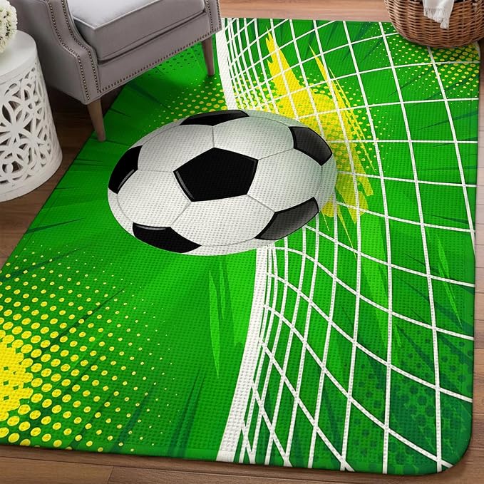 Green Football Washable Area Rugs for Living Room Bedroom, Large Non Slip Indoor Floor Carpet Absorbent Low Pile Soccer Ball Goal Net Vibrant Door Mat Rugs for Bathroom Entryway 63"x90.6"