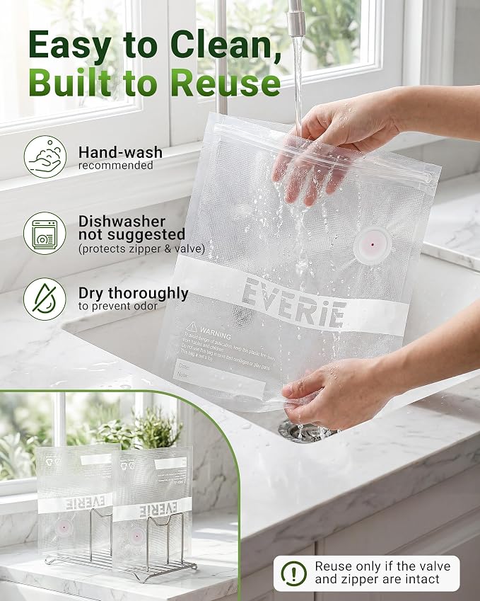 EVERIE HS100 Handheld Vacuum Sealer for Food, Rechargeable Portable Mini Sealer with 30 Reusable Valve Bags(15S+15M), for Meal Prep, Fridge, Freezer & Sous Vide Cooking