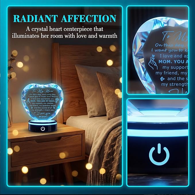 Gifts for Mom,Heart Crystal Keepsake Plaque with LED Base, Mother's Day, Birthday, Christmas, Thanksgiving, Engraved Mother Quote
