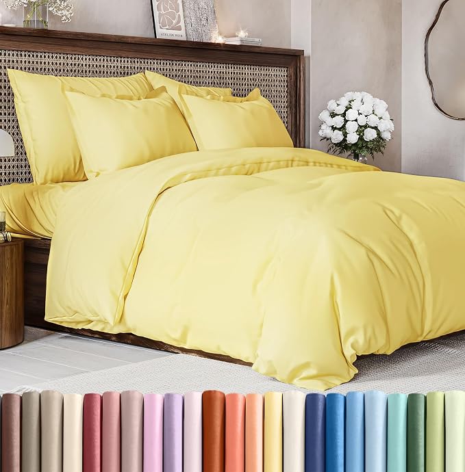 Duvet Cover Queen Size Set - Extra Soft Queen Duvet Cover 90" x 90" with 2 Pillow Shams for Women, Men, Kids & Teens - Hotel Luxury, Easy-Care w/ Zipper Closures & Ties - Comfy & Breathable (Yellow)