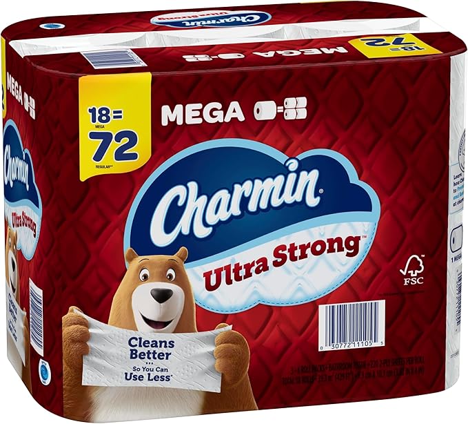 Charmin Ultra Strong Toilet Paper Mega Rolls, 4" x 3-15/16", White, 220 Sheets Per Roll, Pack Of 18 Mega Rolls