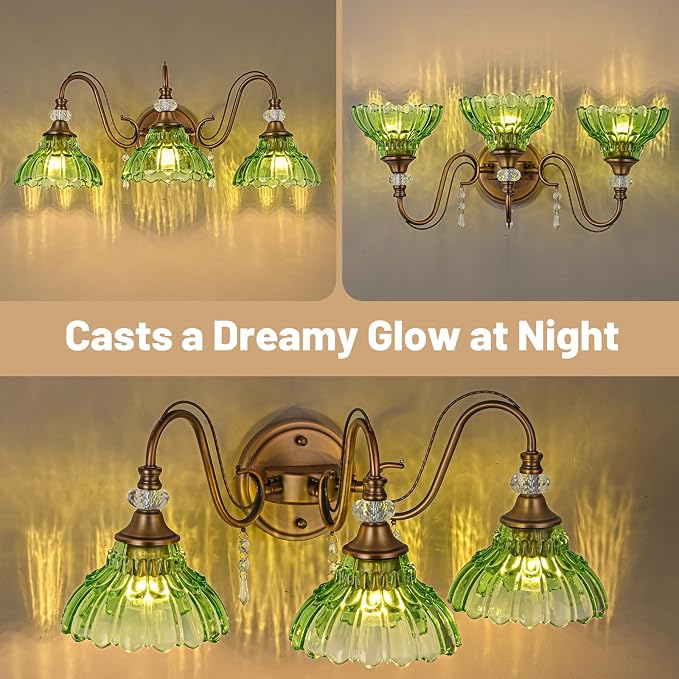 Vintage Bathroom Vanity Light, 3-Light Matte Antique Brass Finish Wall Sconce with Hanging Crystal Accents and Flower-Shaped Green Glass Shades, Retro Wall Mount Vanity Light Over Mirror for Bathroom