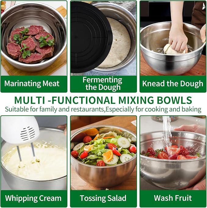 WEPSEN Mixing Bowls Set, 25PCS Stainless Steel Mixing Bowl with Lid Set, Large Nesting Bowls 7, 4.5, 3,2, 1.5QT, Measuring Cups and Spoons Baking Utensils Metal Bowl for Kitchen Prep