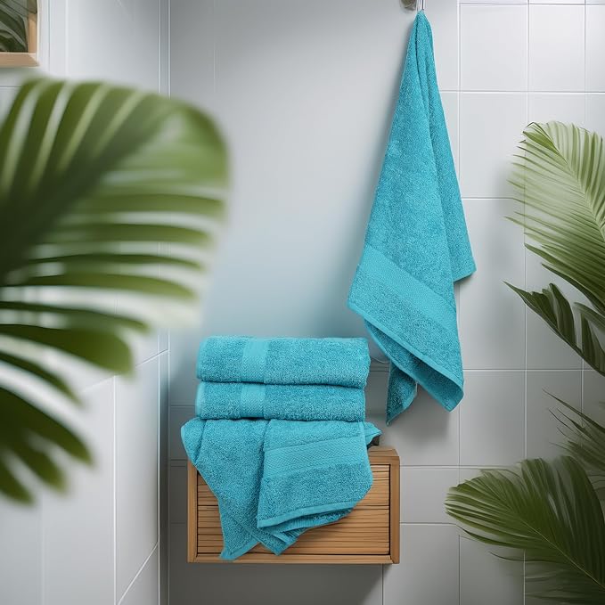 Medium Size Bath Towels Set of 6 – 100% Cotton Terry – 24" x 48" – Quick Dry, Soft & Highly Absorbent – Teal Blue Towels for Bathroom, Gym, Spa, Pool & Daily Use