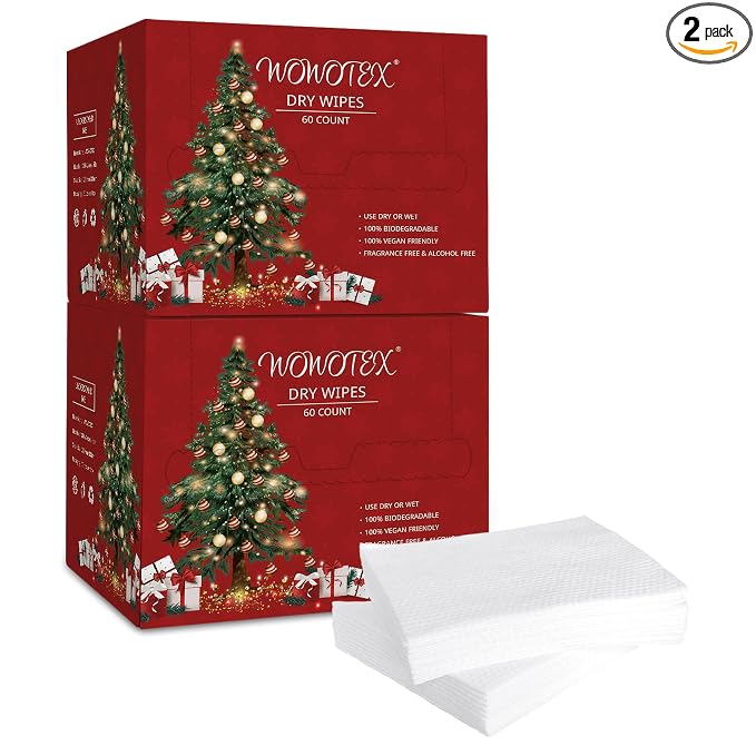 Christmas Style WOWOTEX Disposable Face Towels 120 Count Large Dry Wipes | 10"×12", Extra Thick Soft and Sensitive Skin friendly, Clean Facial Towels for Skincare, Makeup Removal and Facial Cleansing