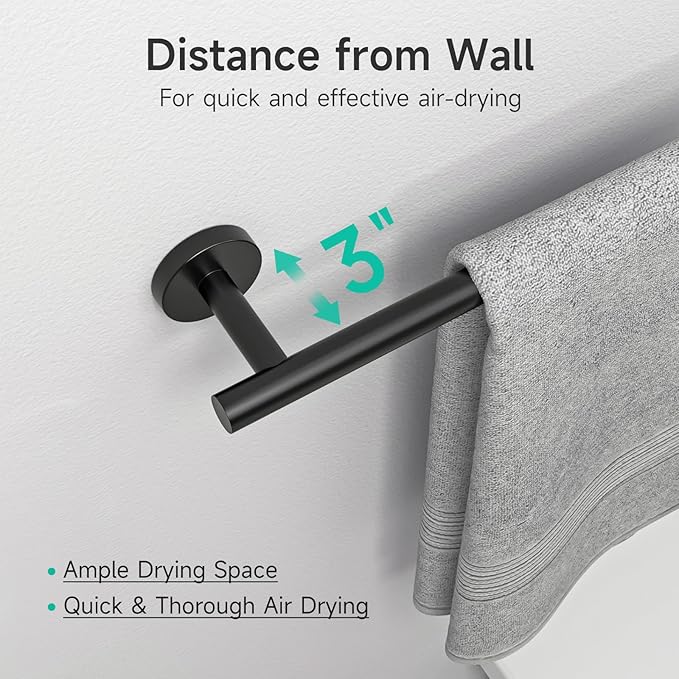 USHOWER Matte Black Bathroom Hardware Set, Modern 24-Inch Towel Bar Set Wall Mounted, Durable SUS304 Stainless Steel Bathroom Accessories Set, 8-Piece