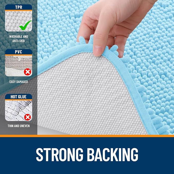 OLANLY Bathroom Runner Rugs 47x17, Soft Absorbent Chenille Bath Rugs, Rubber Backing Quick Dry, Machine Washable Long Bath Mats for Bathroom Floor, Tub and Shower, Home Decor Accessories, Sky Blue