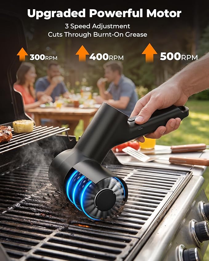 Electric Grill Brush, 3-Speed Cordless Rechargeable High Torque Grill Cleaner with LED Light, Waterproof Anti-Shedding SS Bristle BBQ Grill Brush for Outdoor Grill Safe for Porcelain Cast
