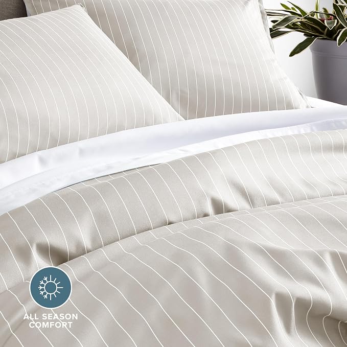 Bare Home Bedding Duvet Cover Extra Long Size - Premium 1800 Super Soft Collection - Lightweight, Cooling - Soft Textured (Twin/Twin XL, Pinstripe - Stone/White)