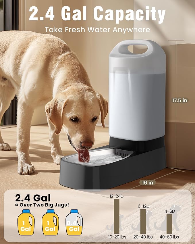 Automatic Dog Water Bowl Dispenser - with Filter 2.4 Gallon Stainless Steel Gravity Pet Water Feeder with Ergonomic Handle Design Anti Splash Drinking Bowl Easy to Clean Multi Pet Use