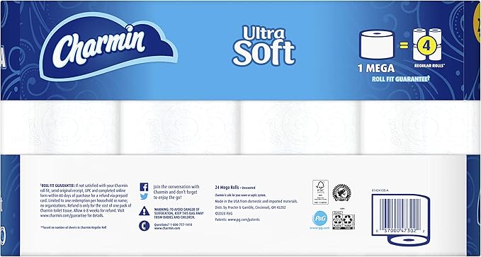 Charmin Ultra Soft Toilet Paper, 24 Mega Rolls = 96 Regular Rolls