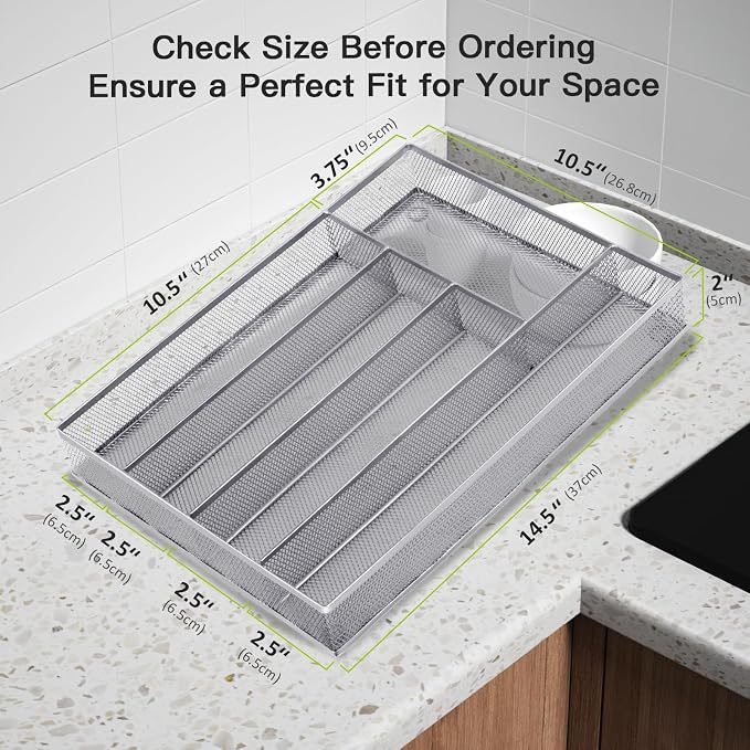 Neudeco Silverware Drawer Organizer, Silver, 5 Compartment | Mesh Wire, Non-Slip Feet, Cutlery Tray, Flatware Storage Divider