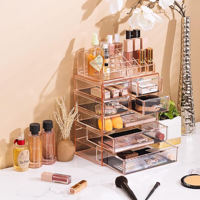 Sorbus Acrylic Makeup Organizer Set, 7-Drawer Vanity & Countertop Cosmetic Storage with Small & Wide Compartments, Pink Makeup Storage for Brushes, Jewelry – Holiday Gift for Women & Teens