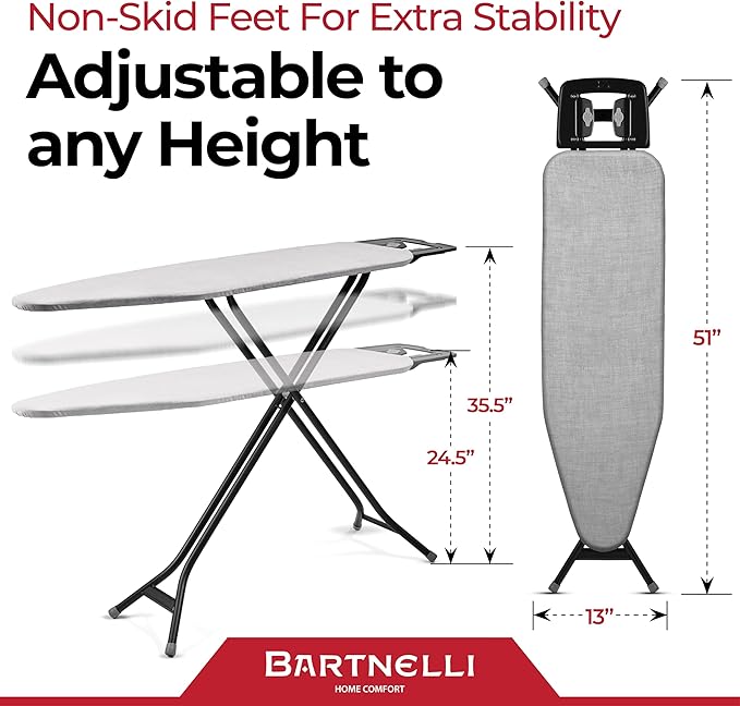 Bartnelli Extreme Stability Ironing Board 43x13 Upgraded Heavy-Duty Metal Frame & Iron Rest, Height Adjustable, Foldable, 4 Non-Skid Feet, 100% Cotton Cover, Made with Patent European Engineering