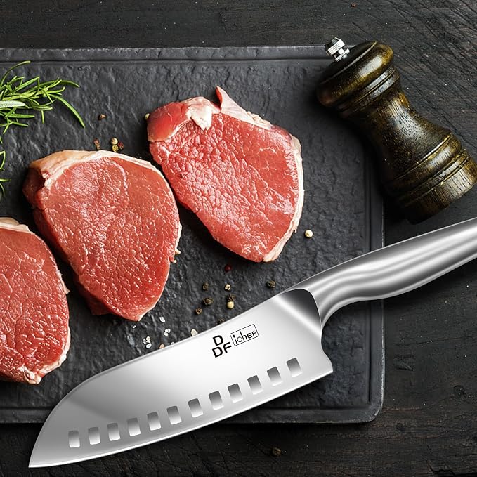 Chef Knife 7 Inch, High-Carbon Stainless Steel Santoku, Dishwasher Safe | Japanese Kitchen Knife with Ergonomic Hollow Handle, Ultra Sharp Santoku Knife for Chopping, Silver