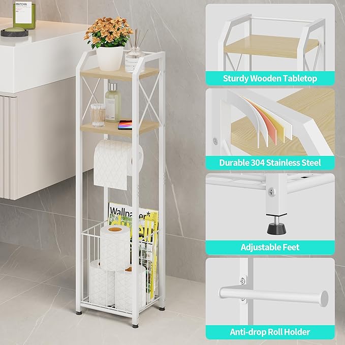 HapiRm Freestanding Toilet Paper Holder - 4-Tier Bathroom Tissue Organizer with Wood Shelves and Large Basket, Toilet Paper Holder Stand for Bathroom, Laundry Room, Apartment - White（Small）