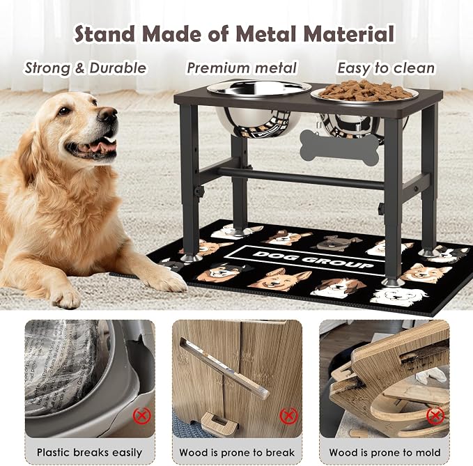 SHAINFUN Elevated Dog Bowls with Slow Feeder & Mat for Medium Large Dogs, Adjustable Height, Raised Dog Bowl Stand with 2 Stainless Steel 58oz Bowls, Tall Dogs Food Water Bowl Wooden & Metal Holder