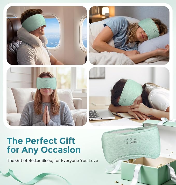 LC-dolida Sleep Masks with Bluetooth Headphones, Soft Seaweed Fiber Cotton Bluetooth Sleep Mask, Total Blackout Fully Wrapped Sleep Mask for Side Sleepers, Travel Meditation Gift, Green