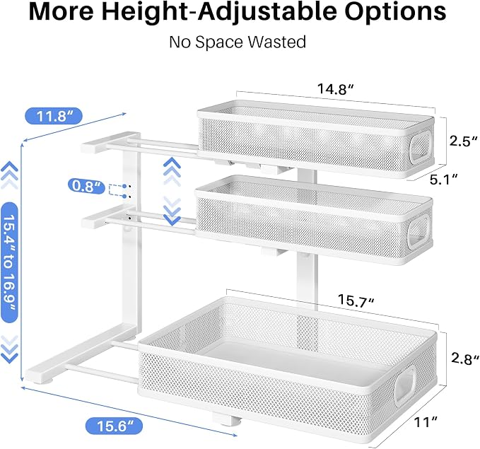 Under Sink Organizer, 2-Pack 3-Tier Thickened Metal Pull out Cabinet Organizer Shelf, Height Adjustable Slide out Storage Drawer Rack for Kitchen Bathroom Pantry Laundry Home Organization, White