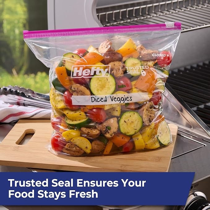 Hefty Slider Gallon Storage Bags, 66 Count, Gallon Size Slider Storage Bags for Storing Food, Bulk Snacks, Travel Toiletries, First Aid Kits, and More, Writable Label, Secure Zip and Click Closure