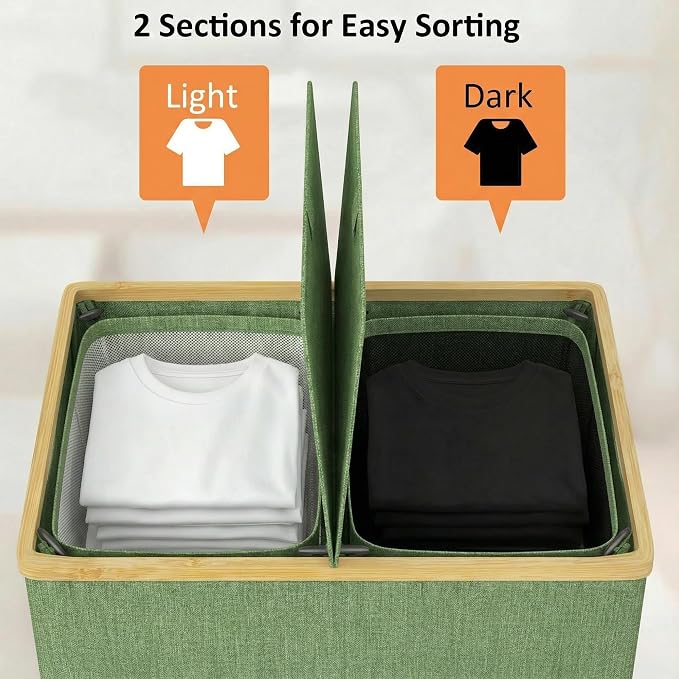 efluky Laundry Hamper with Lid, Double Laundry Basket with 2 Removable Bags, 2 Section Laundry Bin with Bamboo Handles for Bathroom, Bedroom & Laundry Room, 140L (36.9 Gallon) Sage Green
