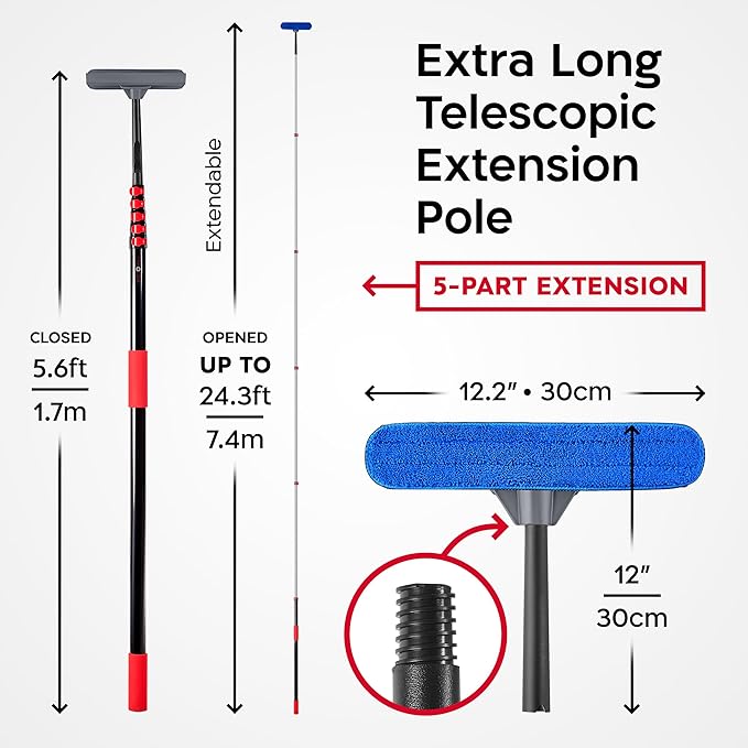 Tyroler Professional Window Squeegee with Extension Pole | Squeegee for Windows Cleaning | Outdoor Window Cleaner Tool, Windows Washing Kit with Extension Pole | Window Cleaning Kit (24.3 feet)