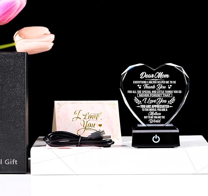 ZHSHWAT Crystal Heart Keepsake with Color-Changing LED Base for Mom Engraved Dear Mom Gift from DaughterSon Birthday, Mother's Day, Christmas, Anniversary Presents for Her