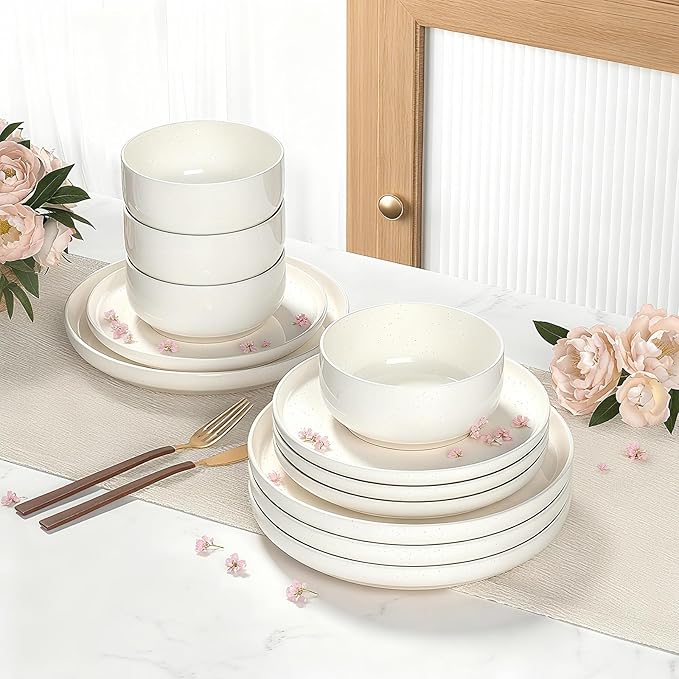 Plates and Bowls Sets, Dinnerware Sets for 4, 12 Pieces Scratch Resistant Dishware Dishes Set, Ceramic Kitchen Dinner Set, Porcelain & Microwave and Dishwasher Safe, Cream White