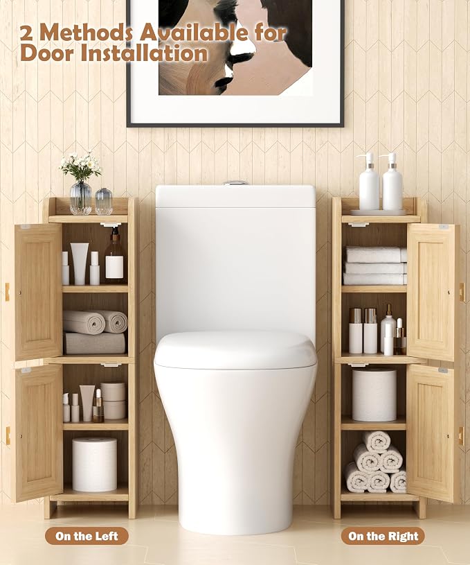 Akxomel Rattan Small Bathroom Cabinet Narrow Toilet Paper Organizer Oak | 7.9''D x 7.9''W Bathroom Organizer and Storage Cabinet for Small Space, Slim Corner Unit with Adjustable Shelf