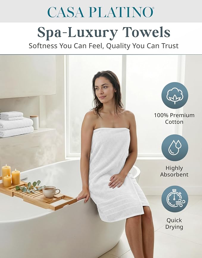 Casa Platino Bath Towel Set 100% Cotton 12 Piece Soft Absorbent - White | Bathroom Towels - Generously Sized, Oversized & Roomy, Lightweight & Breathable, Fade-Resistant Color, Classic Terry Weave