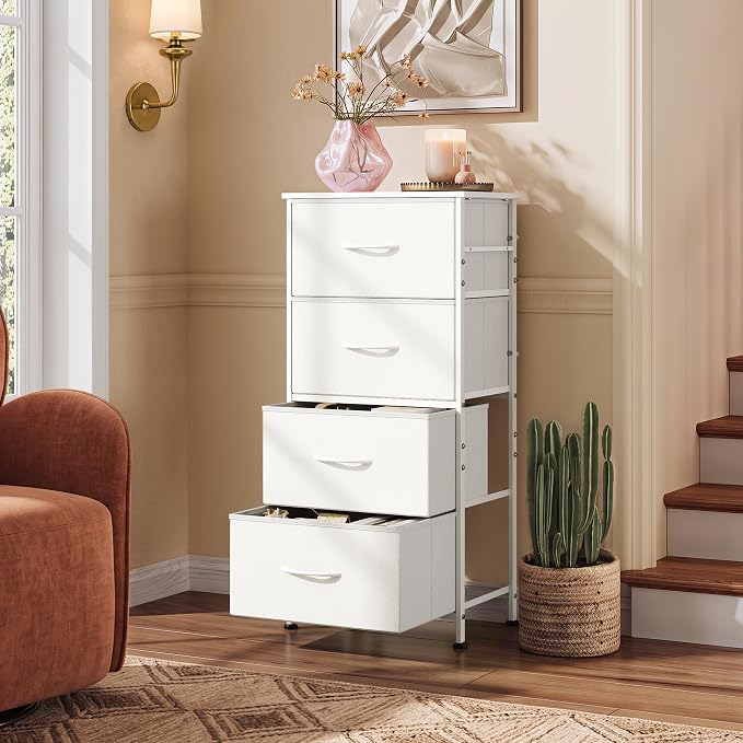WLIVE Small Dresser Nightstand for Bedroom, 4 Drawers, White | 4 vertical fabric drawers, Space-saving tower, Bedroom or closet use, Chest of drawers, Dresser for small spaces
