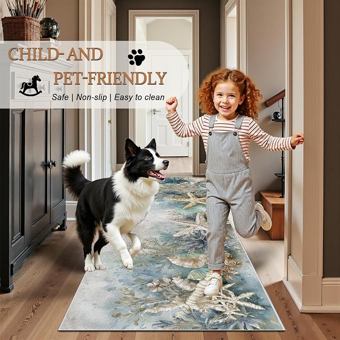 Seaside Coastal Washable Runner Rug 2.6x7 - Starfish Coral Hallway Rug, Ultra-Thin Kitchen Rugs, Watercolor Ocean Anti Slip Runner Rugs for Entrance Laundry Room Corridor Bedroom