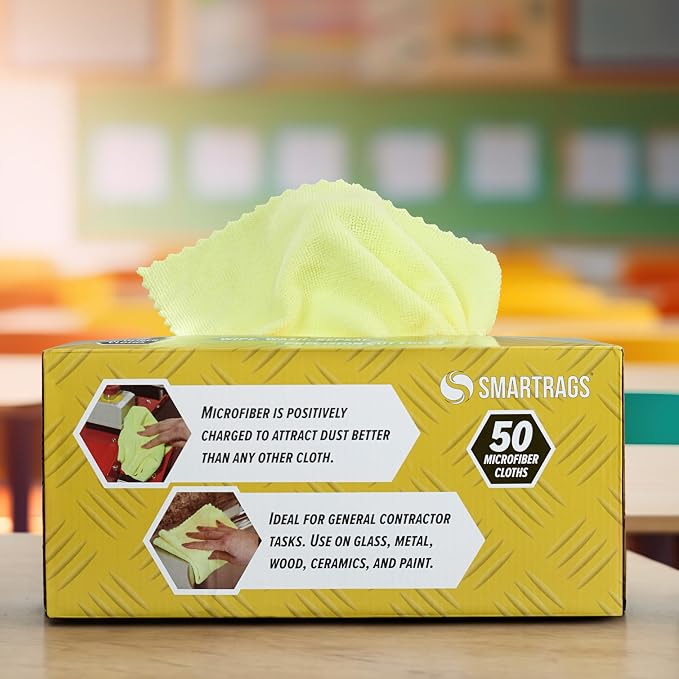 Arkwright Smart Rags Microfiber Cleaning Cloths, Pack of 50 in a Box, Lint Free 180 GSM Reusable Towels for Auto, Office and Household Cleaning, 12 x 12 in, Yellow