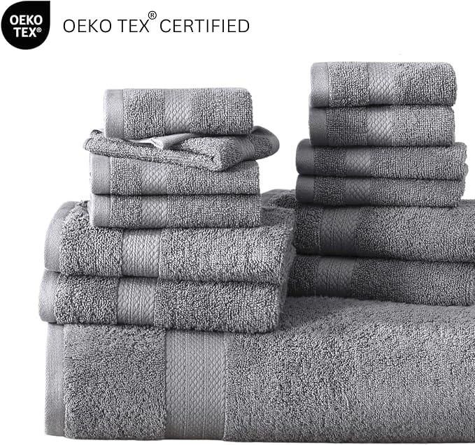 LANE LINEN Towel Set Soft Absorbent Quick Dry 100% Cotton 24 Piece - Grey | Cotton Bath Towels - Lightweight & Breathable, Fade-Resistant Color, Classic Terry Weave, Densely Woven & Durable