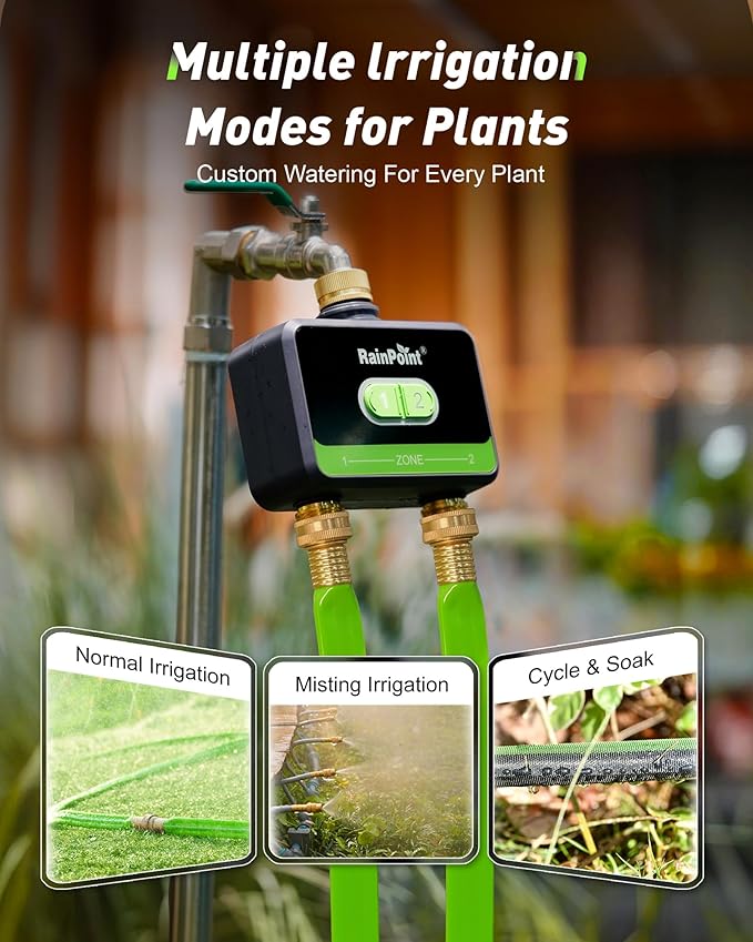 RAINPOINT Smart Water Timer, Smart Hose Timer 2 Outlet with Brass Inlet & Outlet (Not Gateway), Wireless Sprinkler Controller with Rain Delay, Automatic Irrigation System for Lawns and Yard
